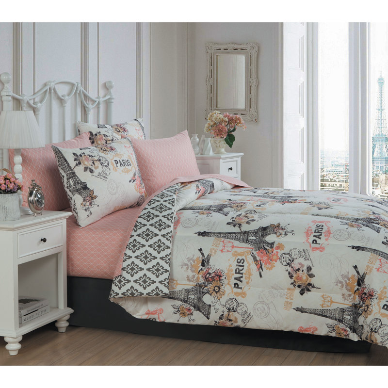 Queen Coral Red Microfiber Paris Themed Bed in a Bag Set