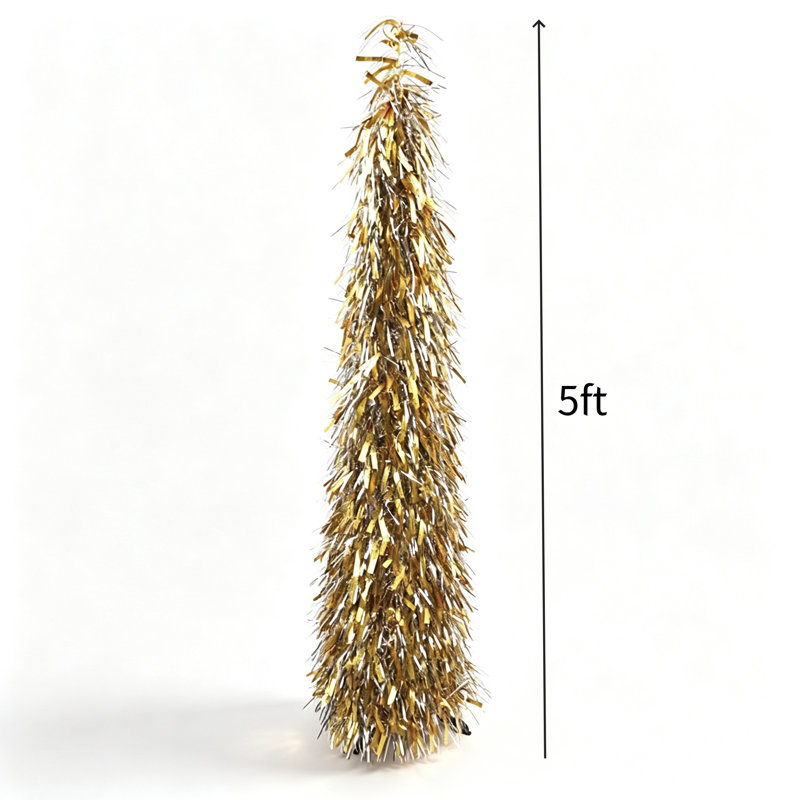 Sapin de Noël pliable et pliable, design pop-up, avec bandes métalliques robustes, sapin fin de 1,5 m orné de 50 lumières DEL blanc chaud, or et argent.