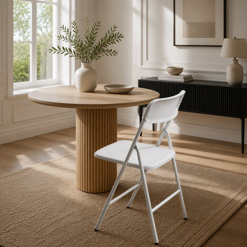 Ensemble de 4 chaises pliantes blanches avec coussin en polypropylène pour l'extérieur, chaises pliantes empilables et portables en métal avec structure en acier, idéales pour les fêtes, les événements à domicile, les bureaux et les mariages.