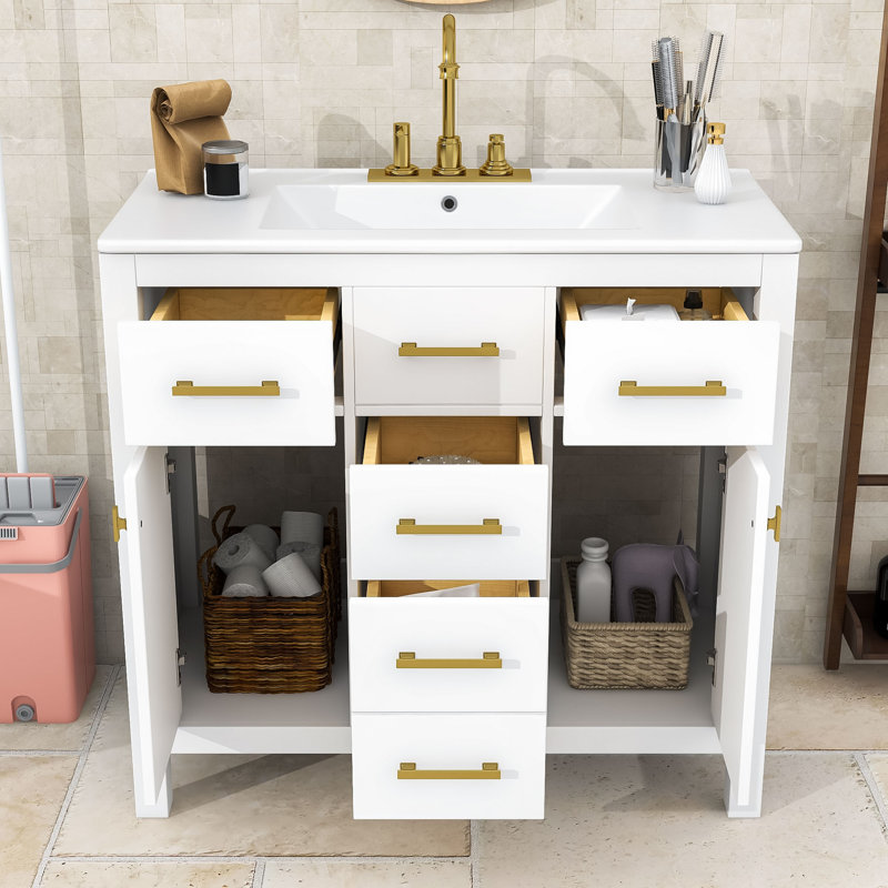 Ensemble de meuble-lavabo simple autoportant moderne avec lavabo en céramique Monteith, Blanc