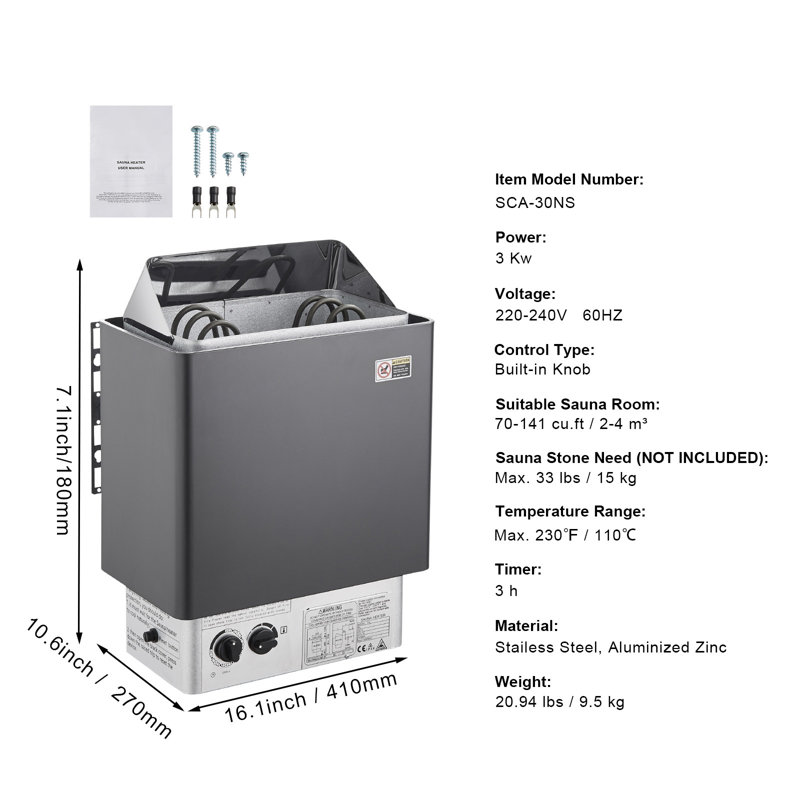 Sauna Heater, 3KW 220V Electric Sauna Stove, Steam Bath Sauna Heater with Built-In Controls, 3h Timer and Adjustable Temp for Max. 70-141 Cubic Feet, Home Hotel Spa Shower Use
