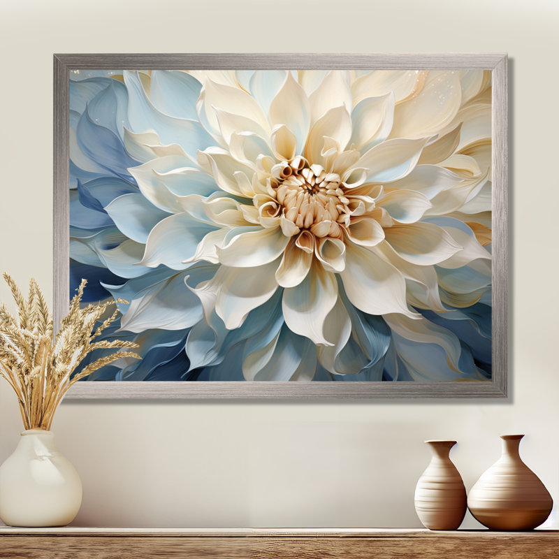 Blanc et bleu fleur de dahlia minimalisme - art mural dahlia, H 16 po x l 32 po x P 1 po, Cadre flottant brun