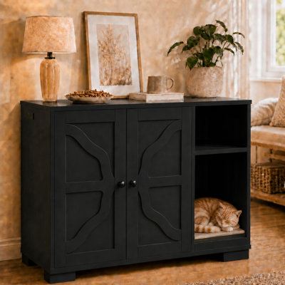 Enceinte pour litière pour chat, grande maison pour chat pour bac à litière autonettoyant, armoire pour chat à l'épreuve des chiens avec prise latérale et cordon d'alimentation de 5 pi, structure en croix, noir