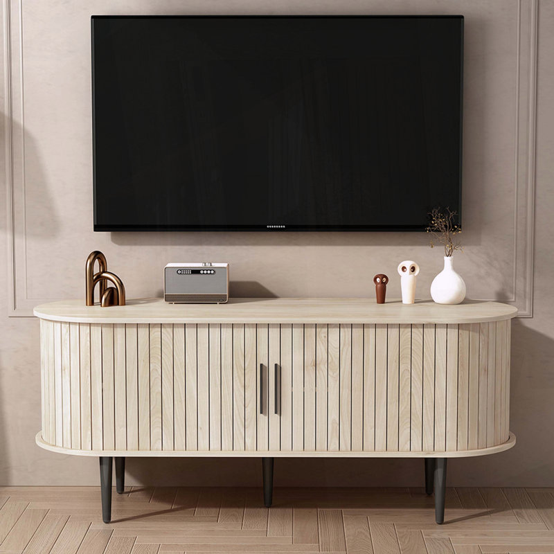 47-Inch Modern TV Console with Sliding Door and Fluted Details, 21.65"H x 47"L x 15.75"W, Natural Wood