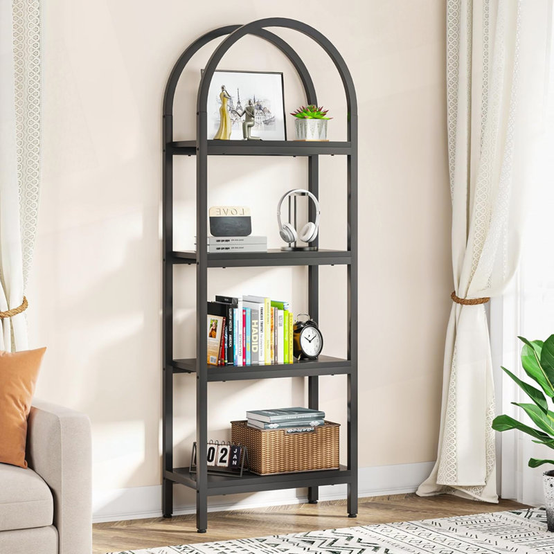 4-Tier Black Industrial Arched Open Bookshelf