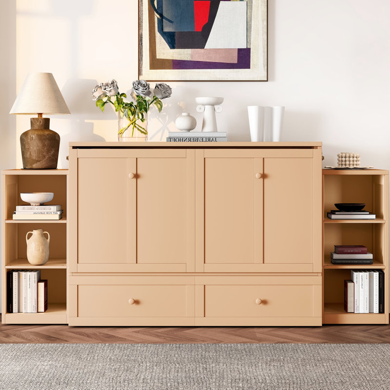 Lit double doré avec tiroirs et tablettes pour le rangement, espaces de bureau à domicile appropriés, tablettes de rangement en pin, chambres d'amis dans les petits appartements, structure