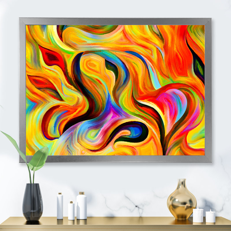 Shape Abstractions en rouge, jaune et noir - peinture sur toile, Cadre argenté, H 25,5 po x l 33,5 po x P 1 po