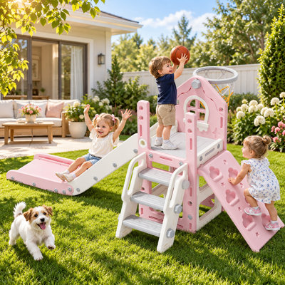 6-in-1 Toddler Slide Indoor Outdoor, Baby Slide Playset with Climber, Basketball Hoop & Storage, L-Shaped Kids Slide for Ages 1-3