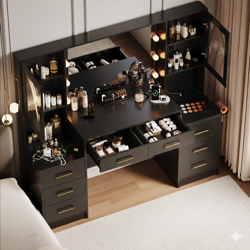 58.25”vanity Desk With Mirror And Charging Station, 8 Drawers And 2 Cabinets, Black