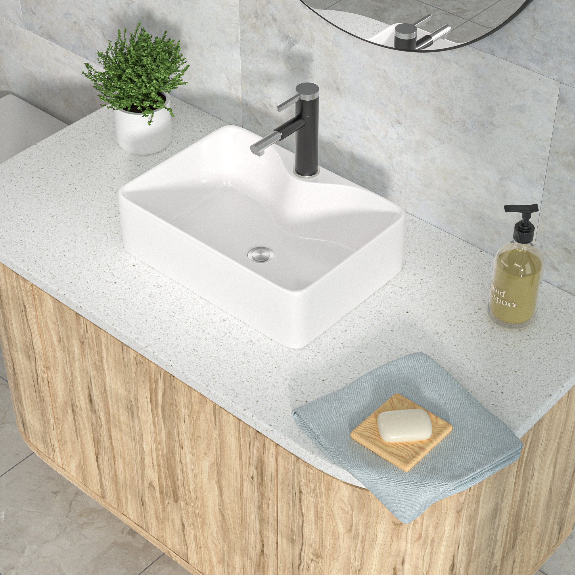 Kichae 12'' White Ceramic Rectangular Dropin, Vessel Bathroom Sink