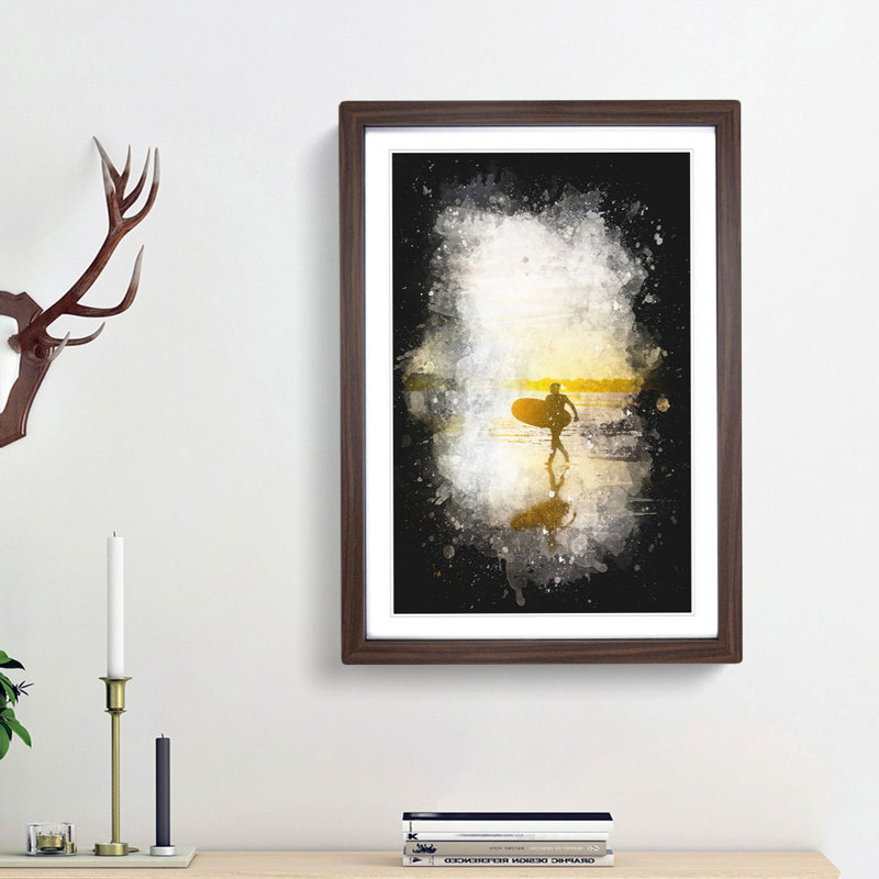 Surfer on a Spanish Beach - Framed Print, 87cm H x 62cm W x 2cm D, Walnut Framed