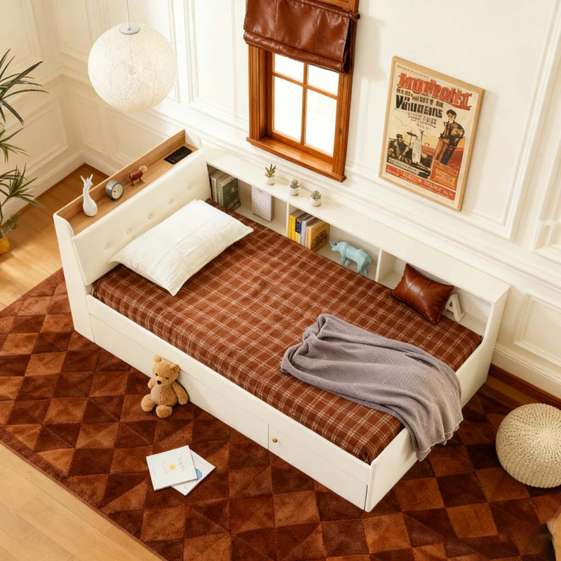 Lit de jour simple en velours à hauteur ajustable avec tête de lit et charge sans fil, Beige