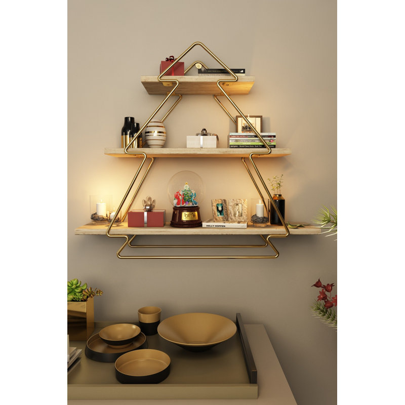 Elegant Solid Wood Wall Shelf with Metal Brackets, 20.9 x 5.9 x 23.6 inches | 100% Real Wood in Gold & Brown Colors | Supports Up to 26.5 lbs | Perfect for Home Decor & Storage Solutions, Unique Texture & Design