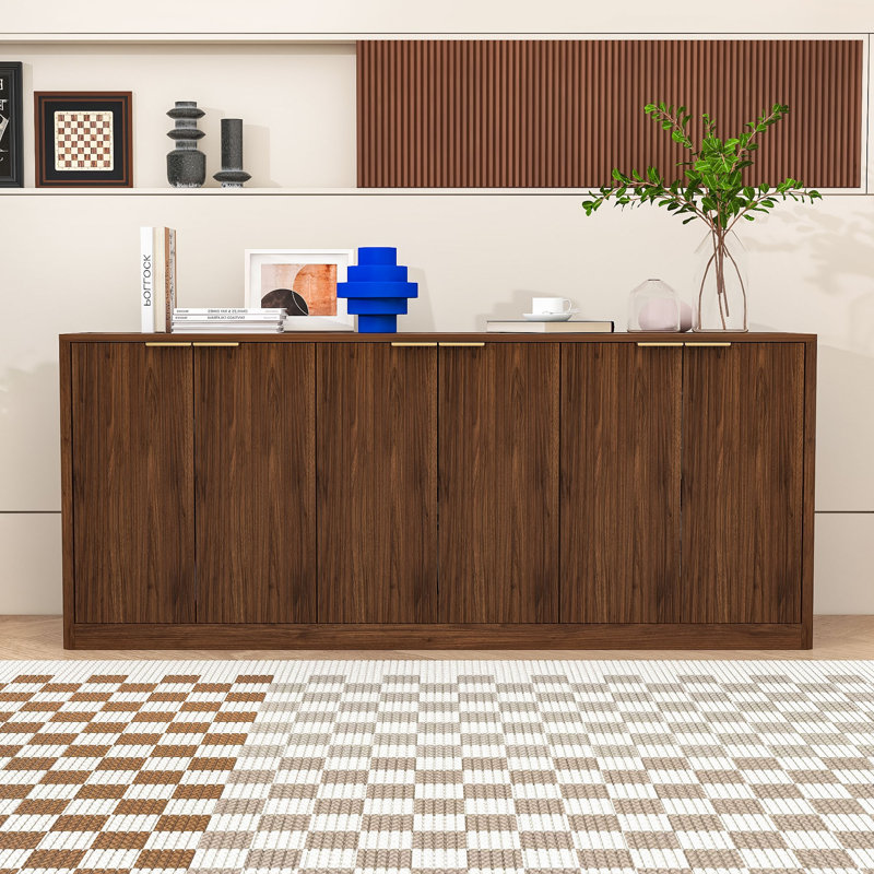 Modern Wave Design 6-Door Sideboard Buffet Cabinet with Spacious Storage, Walnut