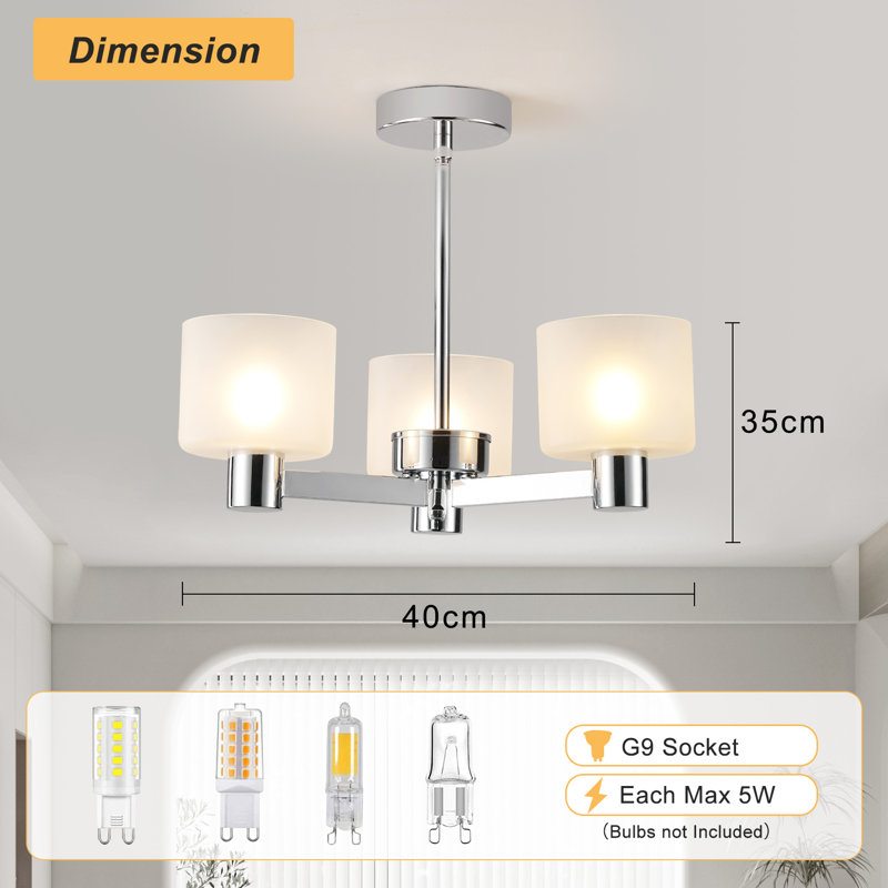 Glass Semi Flush Mount, Chrome, White, 3 Lights