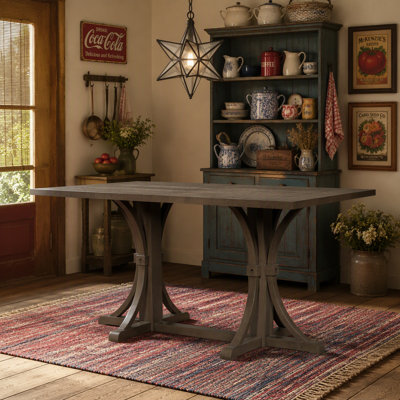 Table de salle à manger en bois massif pour 6 personnes, table de salle à manger rustique 60 "avec base à tréteaux et pieds courbés, finition chêne naturel, table de cuisine pour la maison