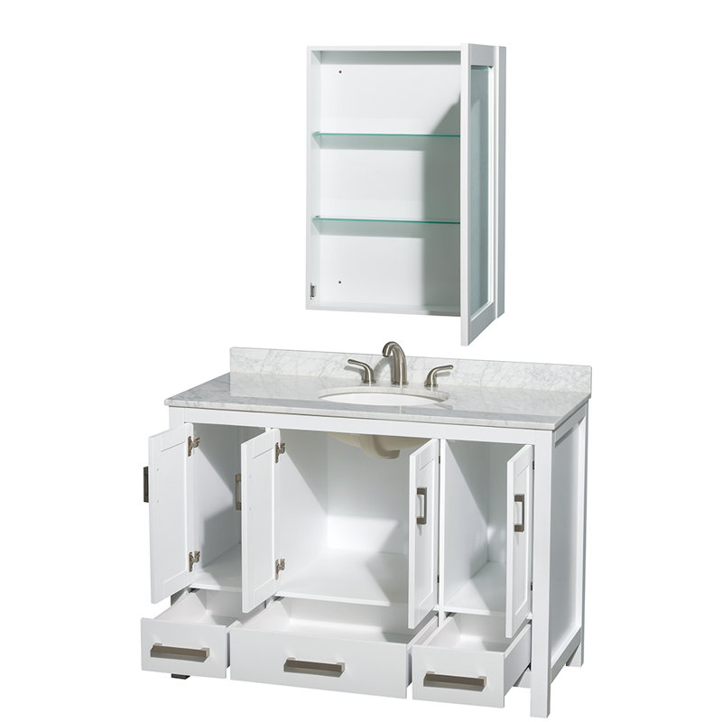 Meuble-lavabo simple autoportant avec plateau en marbre Sheffield, Marbre de Carrare blanc