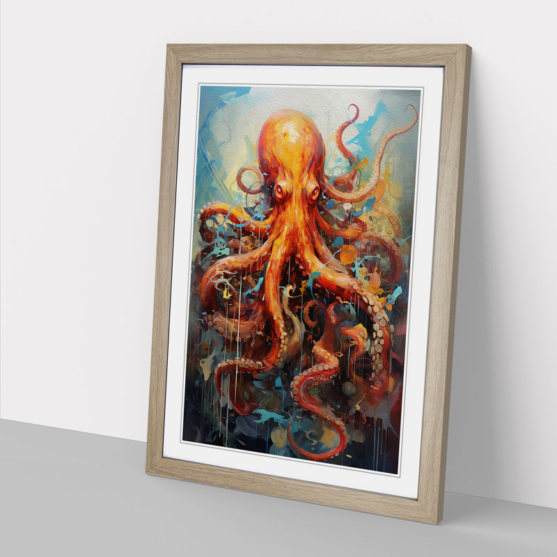Octopus Expressionism - Single Picture Frame Print on Wood, Oak Framed, 46cm H x 34cm W x 2cm D