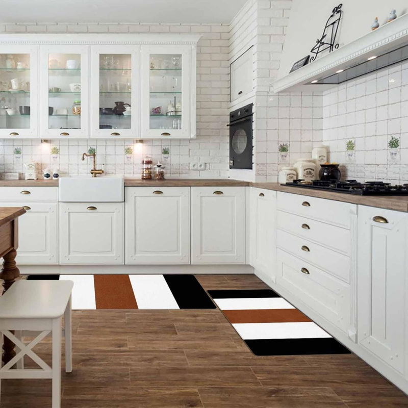 Black White Brown Stripe Kitchen Mats for Kitchen & Entryway, 2-Piece Set