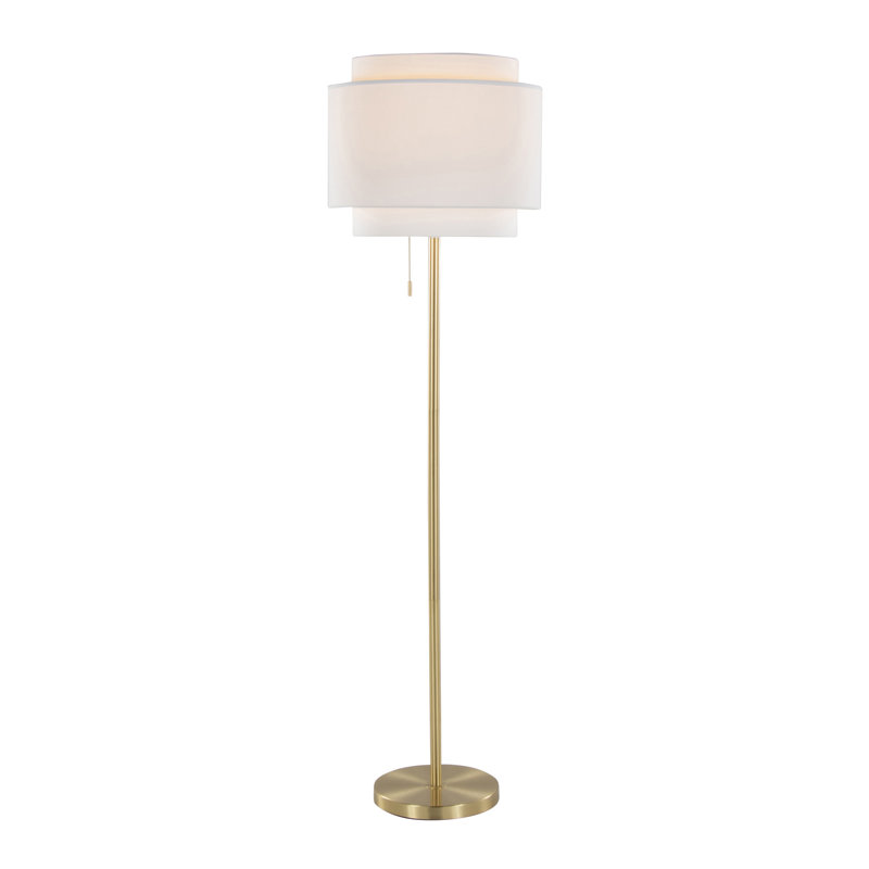 Tier 64" Contemporary Metal Floor Lamp in Gold Metal with Off-White Linen Shade, Off White, Gold