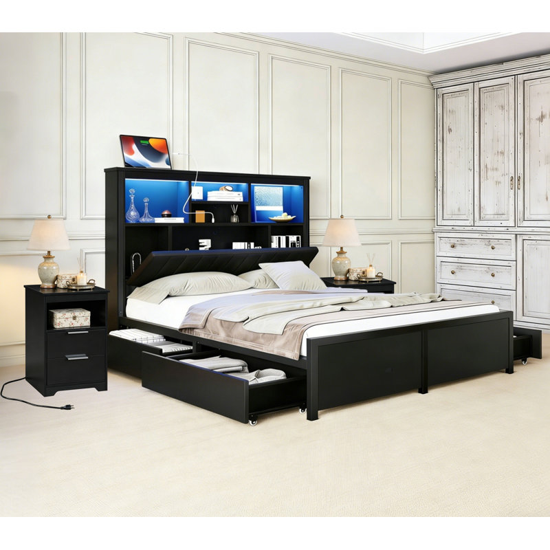 3-Pieces Metal Queen Bedroom Set with with Upolstered Headboard, Charging Station, LED Lights,High Storage Headboard and 4 Drawers, 1200LBS Weight Capacity