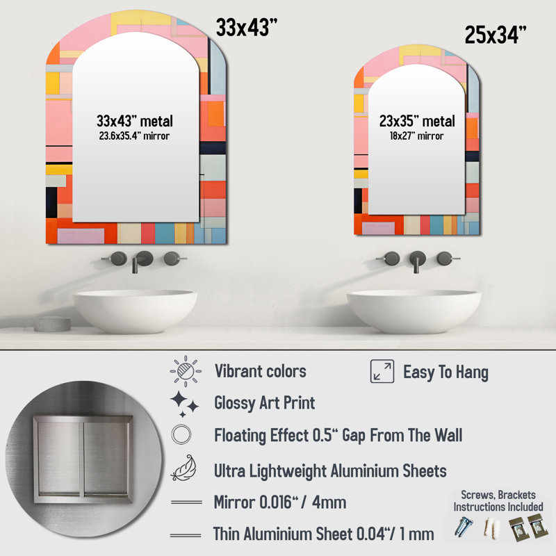 De Stijl - géométrique pastel Harmony II - grand miroir mural arqué, 43 po x 33 po
