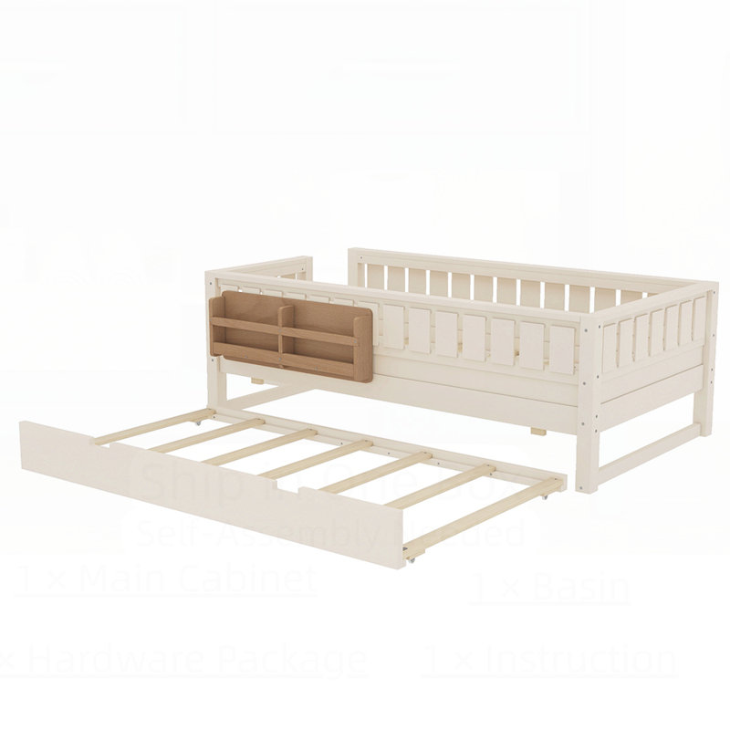 Lit d'enfant avec tablettes intégrées, petit escalier, rails de sécurité et lit gigogne pour un sommeil confortable et sécuritaire