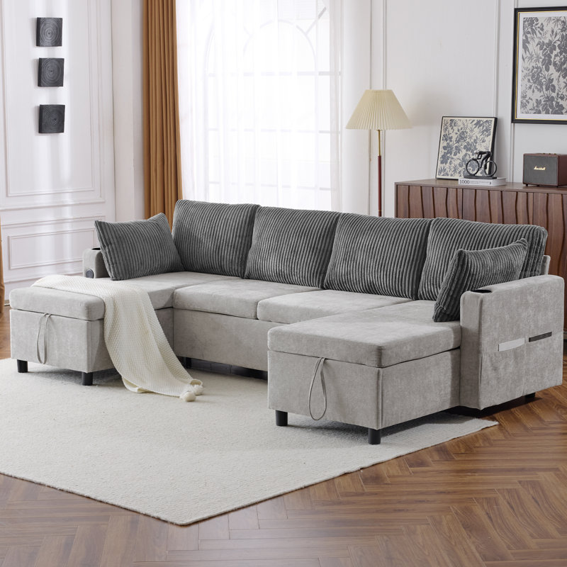  Canapé-lit modulaire 111,8 po, canapé-lit polyvalent avec grand rangement, ports USB et porte-gobelets, beige, Gris chenille