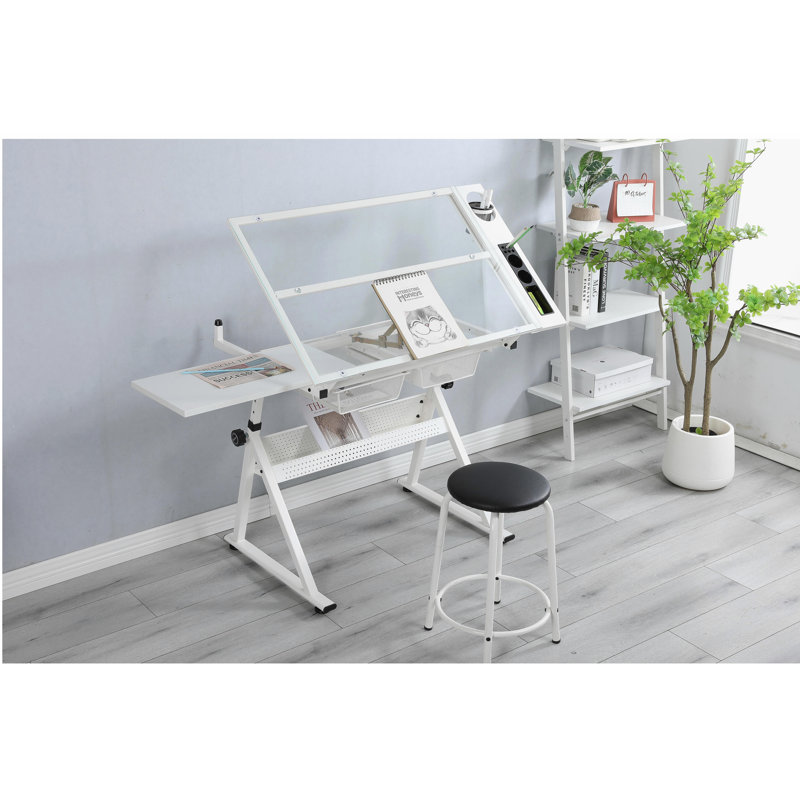 Bureau et chaise de dessin en verre trempé noir réglable, Noir