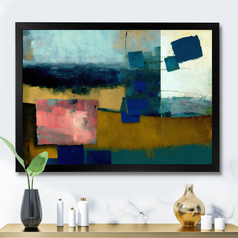 «Blue Sky Colorfields III», art mural abstrait sur toile, Cadre d'angle fermé noir, H 12 po x l 20 po x P 1 po