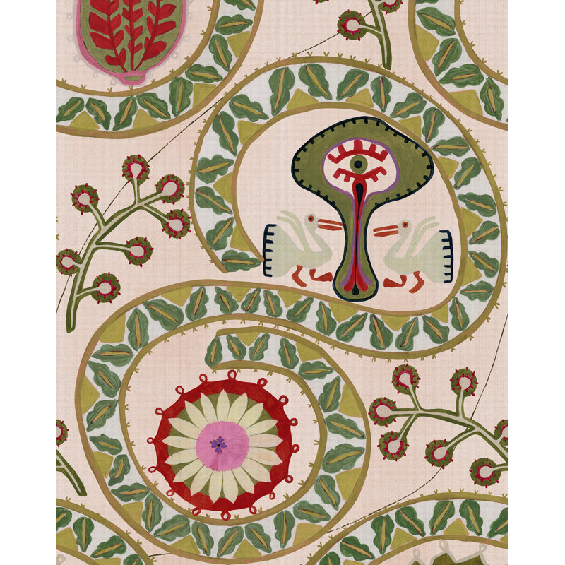 TWO STORKS Taupe Wallpaper, Taupe/Green/Red