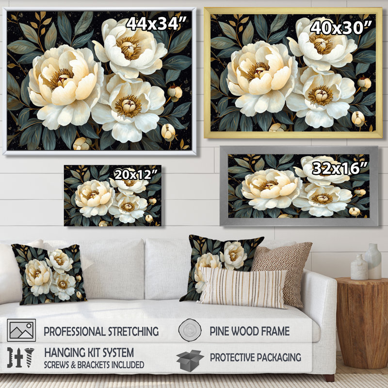 Art mural noir, noir et blanc, pivoines de minuit, Reproduction encadrée d'une seule photo sans pass, H 30 po x l 40 po, Noir