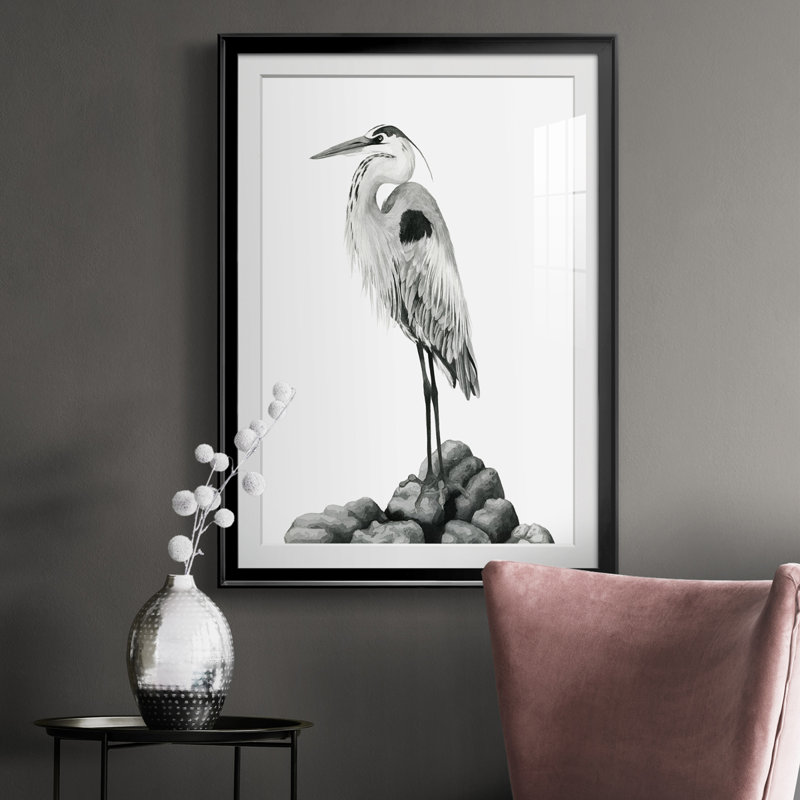Shoreline Heron In B&W II - reproduction de cadre photo, Cadre noir, H 42,5 po x l 30,5 po x P 1 po