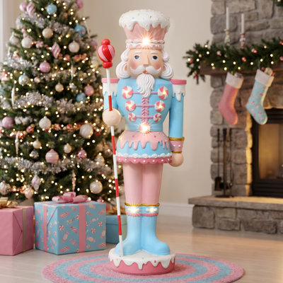 3 Ft Pre-Lit Pink Nutcracker Soldier Statue with Candy Cane Scepter, Peppermint Christmas Holiday Décor