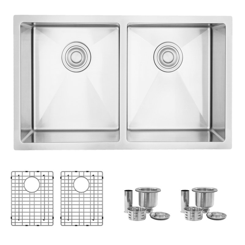 30 in. x 18 in. 16 Gauge, Stainless Steel, Brushed 50/50 Double Bowl Undermount Kitchen Sink with 2 Grids, 16