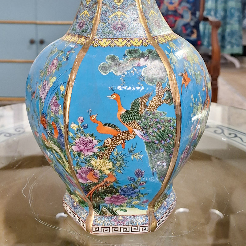 Hexagonal Porcelain Vase with Birds and Flowers