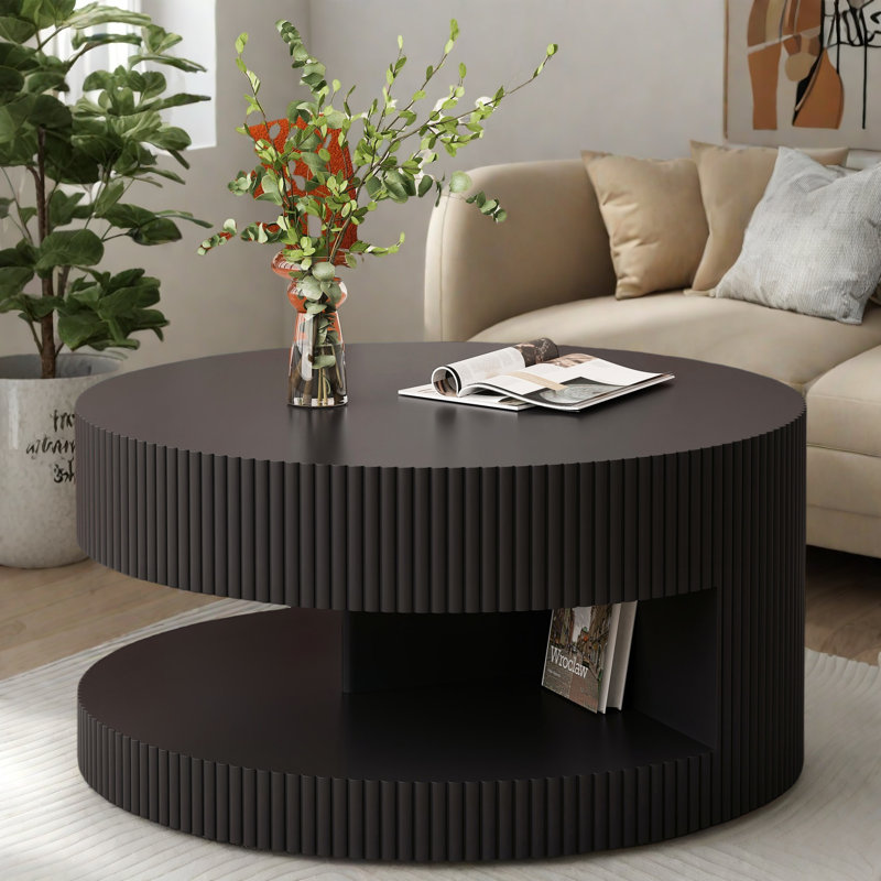 Table basse ronde de 31,5 po, table centrale moderne avec rangement, table basse à rayures verticales pour salon, chambre à coucher