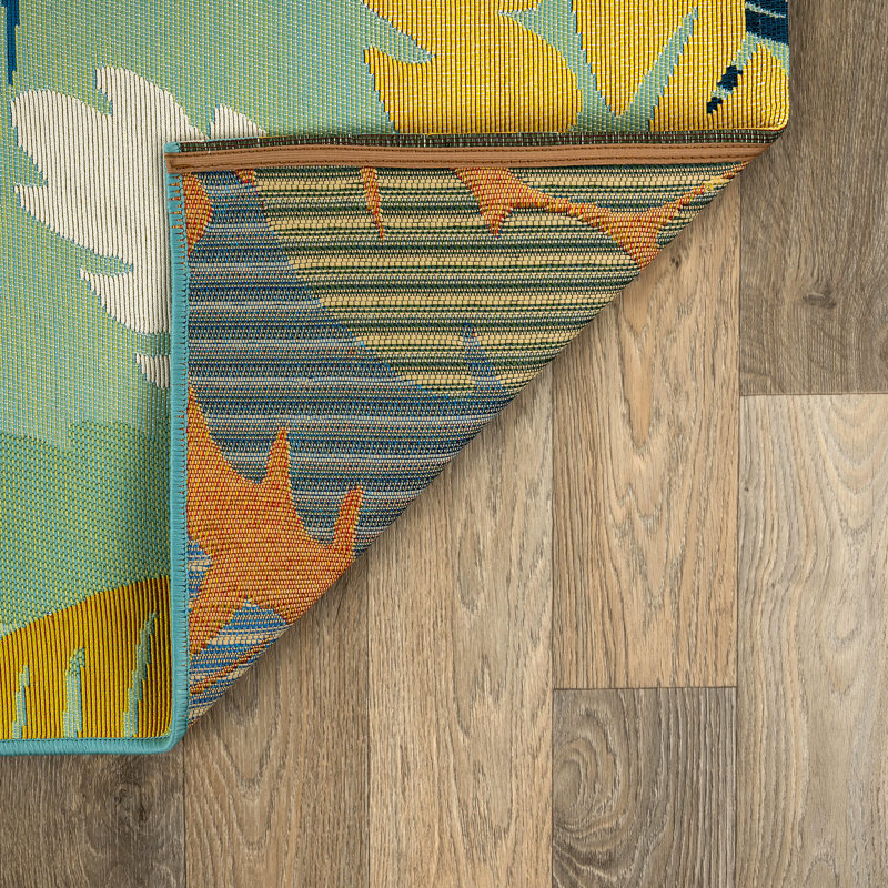 Coastal Tropical Leaf Indoor/Outdoor Patio Area Rug, Blue And Yellow Botanical Design, Rectangle 6'6" x 9'