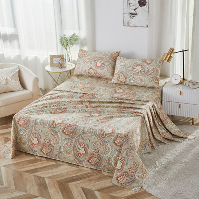 Ensemble de housse de couette 100% coton égyptien 4 pièces 600TC (1 * drap-housse + 1 * drap plat + 2 * taie d'oreiller, sans noyau), ensemble de literie de luxe à motif floral rétro, housse de couette douce respirante et respectueuse de la peau, pour chambre d'étudiant Toutes saisons