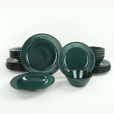 Service de table en céramique 24 pièces, vert foncé | 100% grès céramique, antibactérien et écologique | Comprend 6 assiettes de service (10,2 po), 6 assiettes (7,5 po), 6 assiettes à gâteau (7,9 po), 6 bols (4,7 po) | Va au lave-vaisselle et au micro-ondes