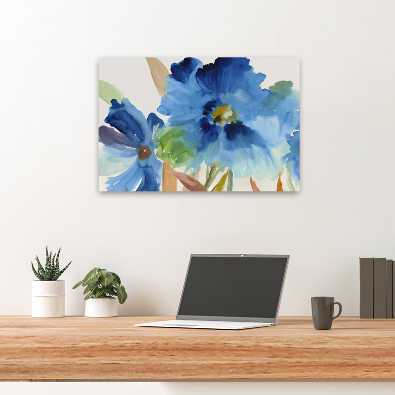 Plantes, fleurs, abstrait, art floral indigo, H 16 po x l 24 po