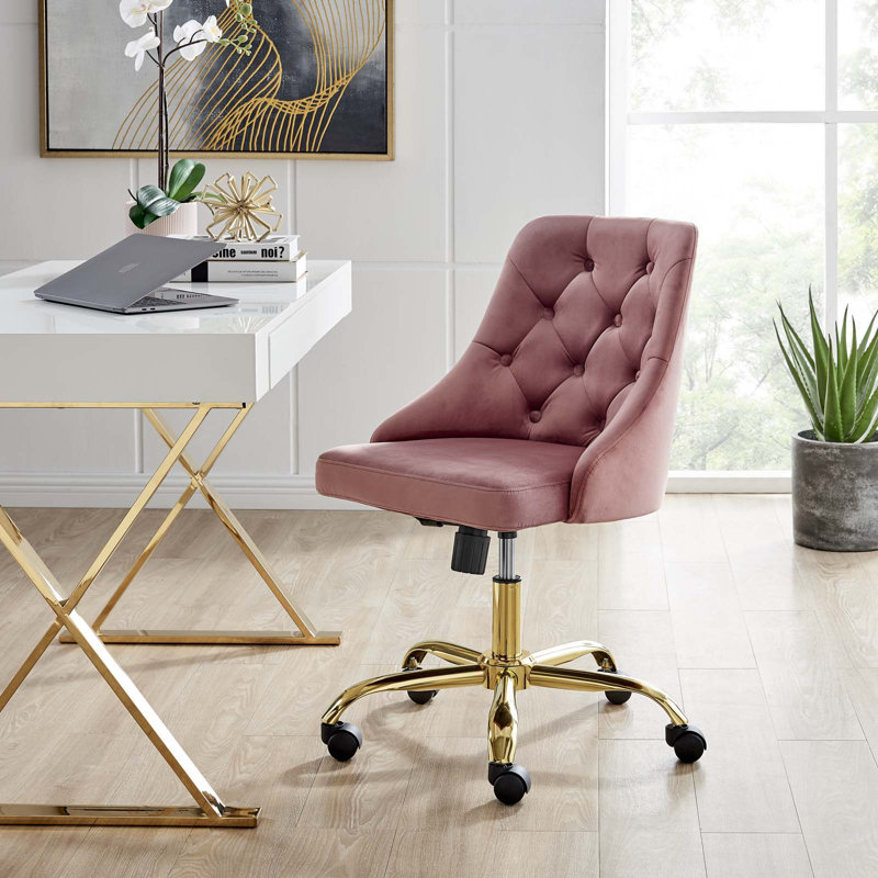 Distinct Tufted Swivel Performance Office Chair, Dusty Rose, Gold, Velvet