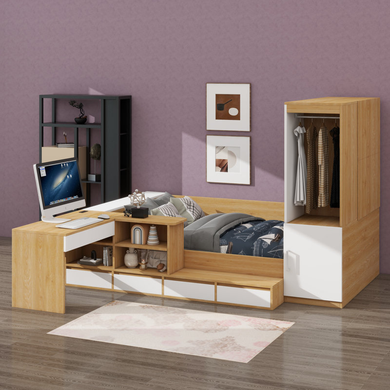 Lit plateforme double en bois avec 6 tiroirs, étagères, bureau et garde-robe, Naturel