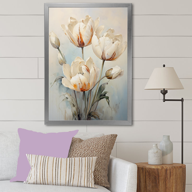 Minimalisme, symphonie de tulipes beiges sur toile, H 32 po x l 24 po x P 1 po, Cadre simple argenté