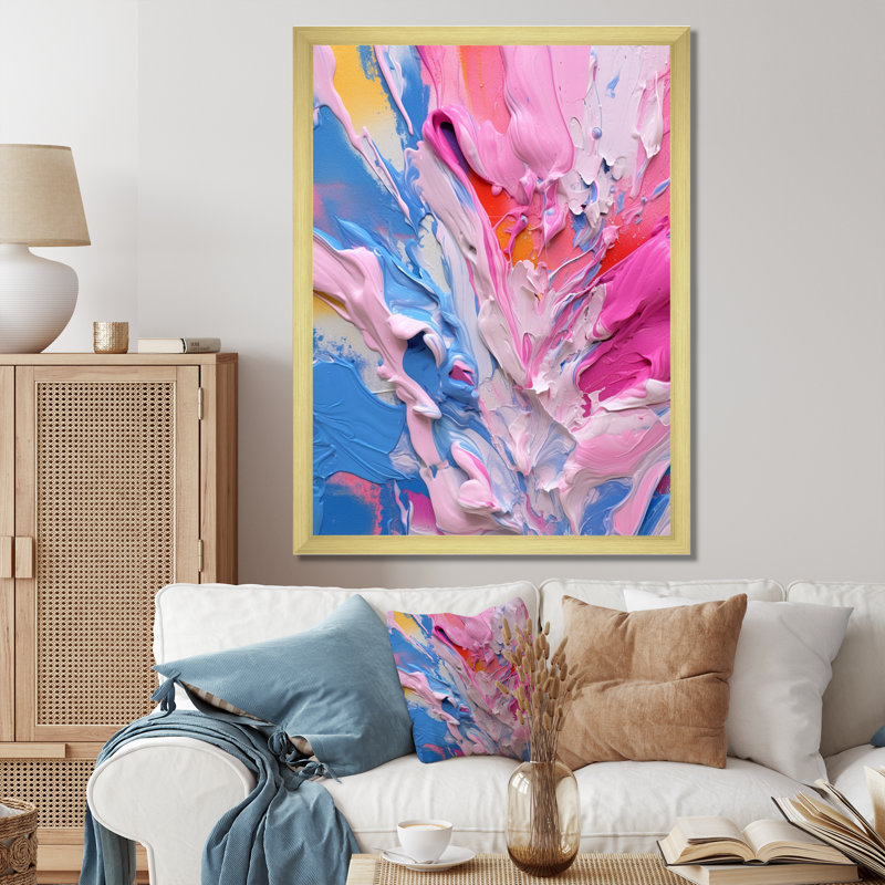 Rose, bleu, jaune, liquide, art V, H 44 po x l 34 po x P 1,5 po, Cadre doré à une seule photo