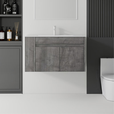 Meuble-lavabo flottant 36 po avec lavabo, porte en céramique, contreplaqué, gris