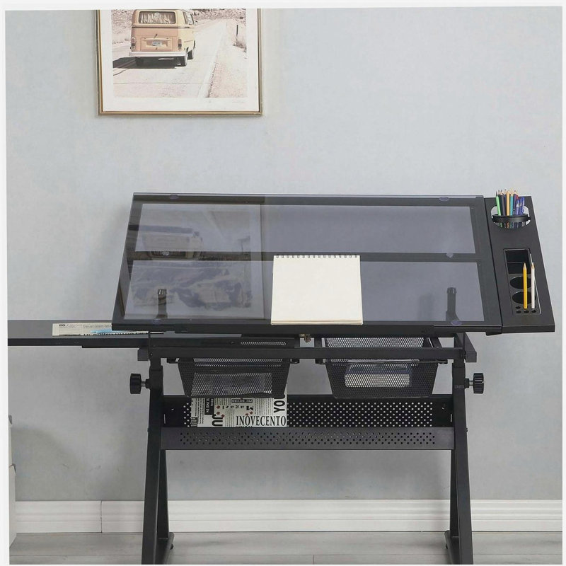 adjustable tempered glass drafting printing table with chair, White