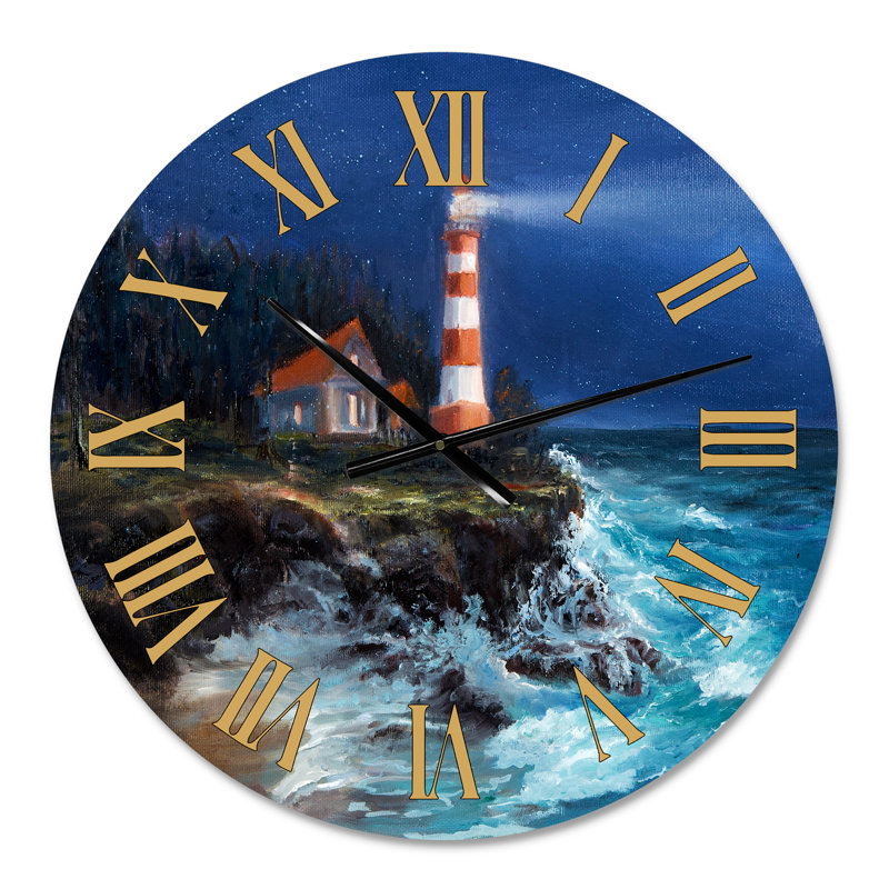 Lighthouse Shining Over Ocean At Night - Nautical & Coastal Wall Clock, Medium