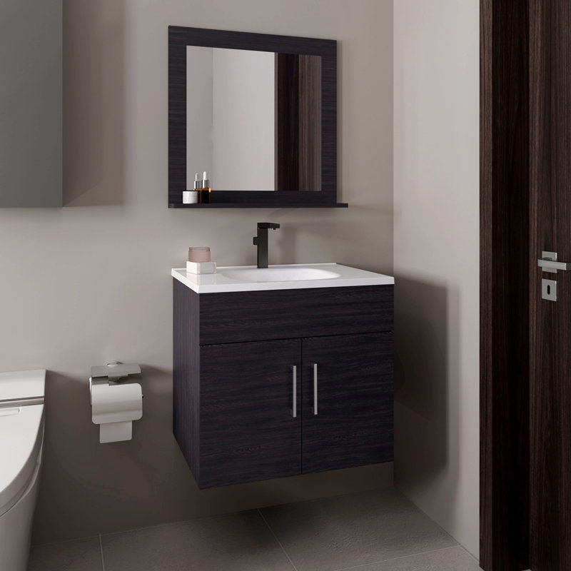 Ensemble de salle de bain, lavabo + miroir, 2 portes, 1 tablette, 1 miroir, Noir