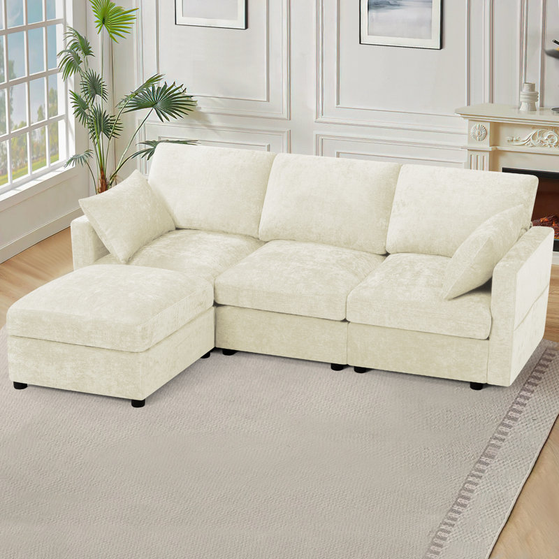 Canapé modulaire en chenille de 84 po avec repose-pieds réversible, canapé moderne avec coussin rembourré, canapé 3 places confortable pour le salon et le bureau